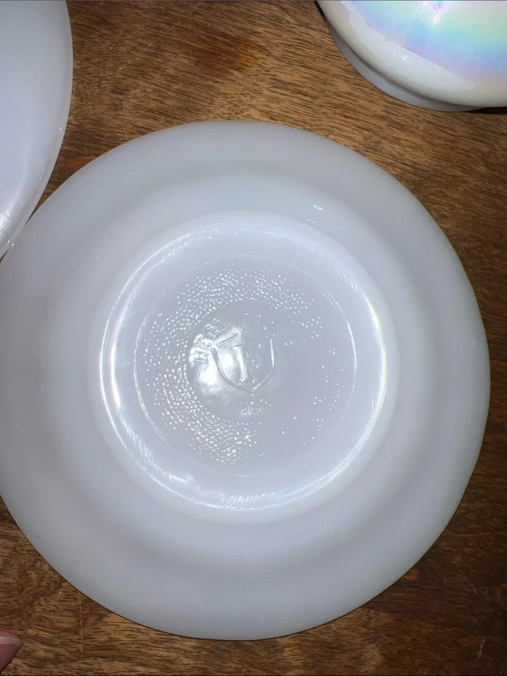 Vintage moonglow iridescent Federal glass vase and plates opalescent white